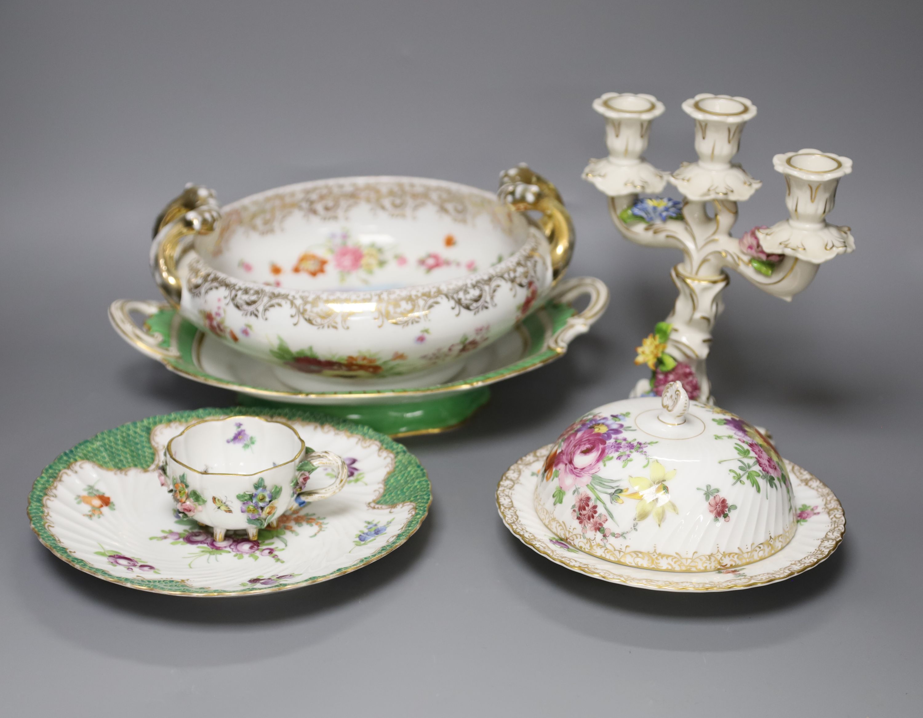 A group of Dresden and flower painted porcelain